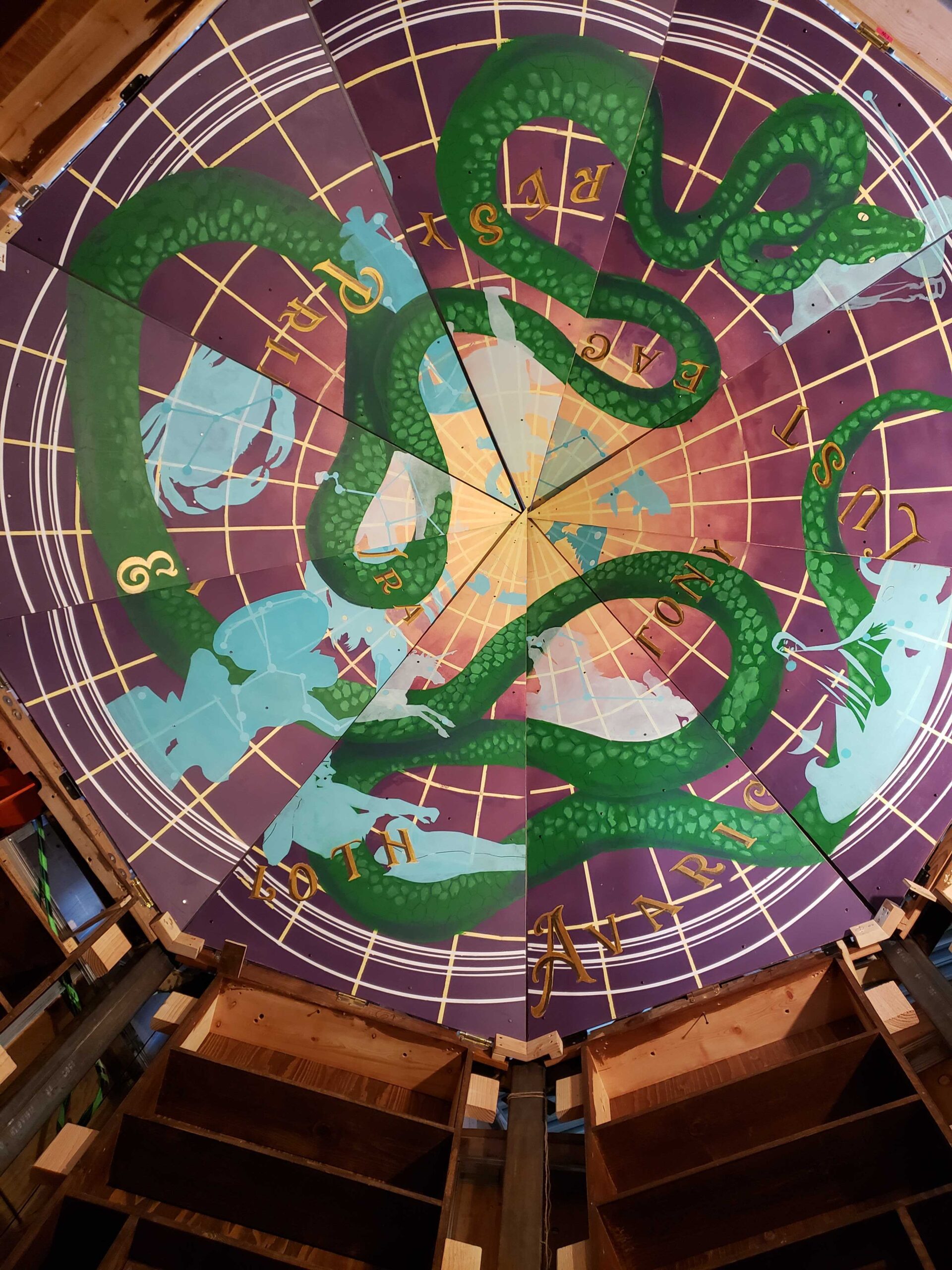 Library ceiling in dropped conic configuration