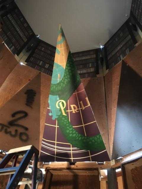 Library ceiling panels mid-installation