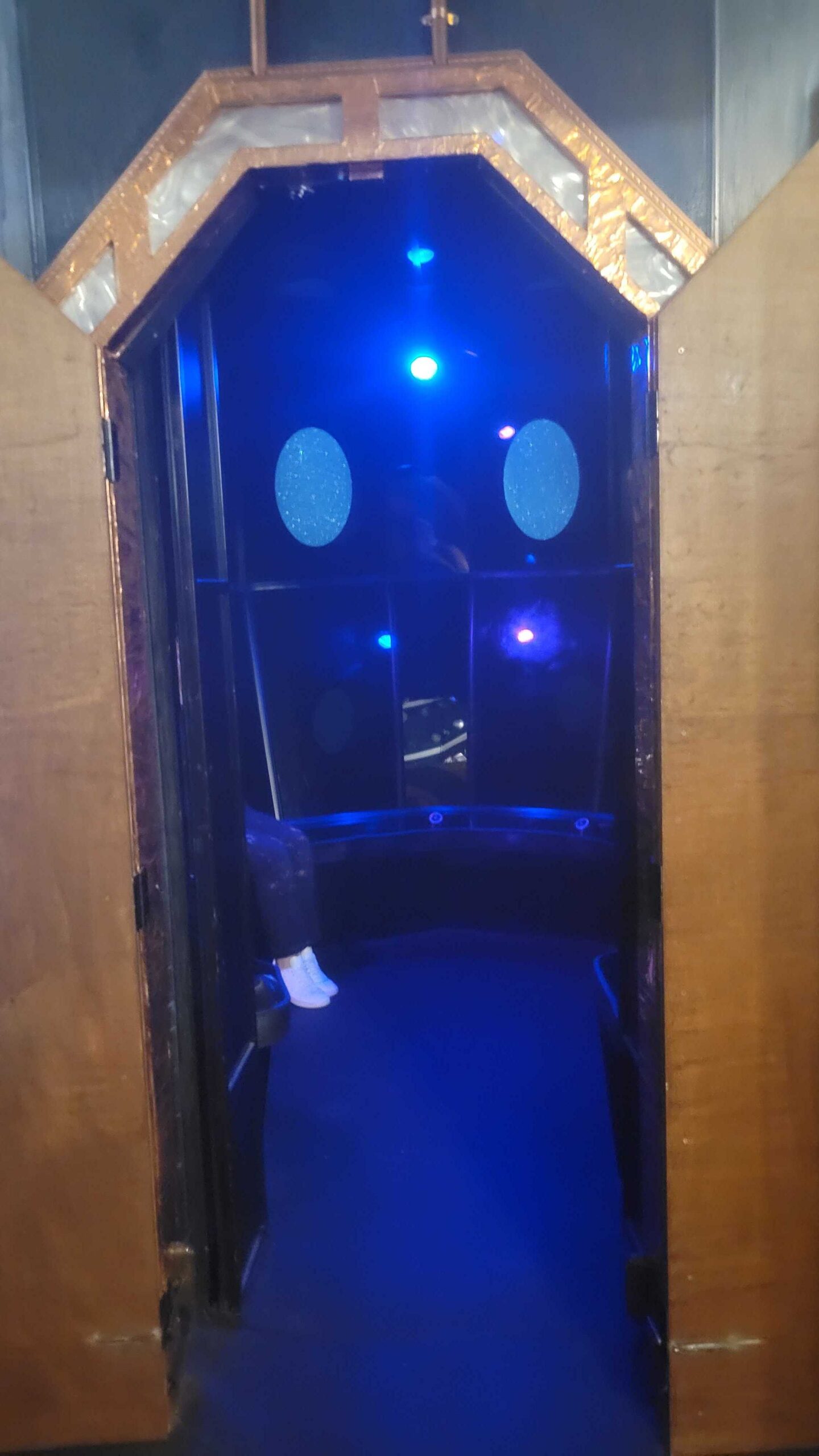 Coffin-shaped entry door into The Ship