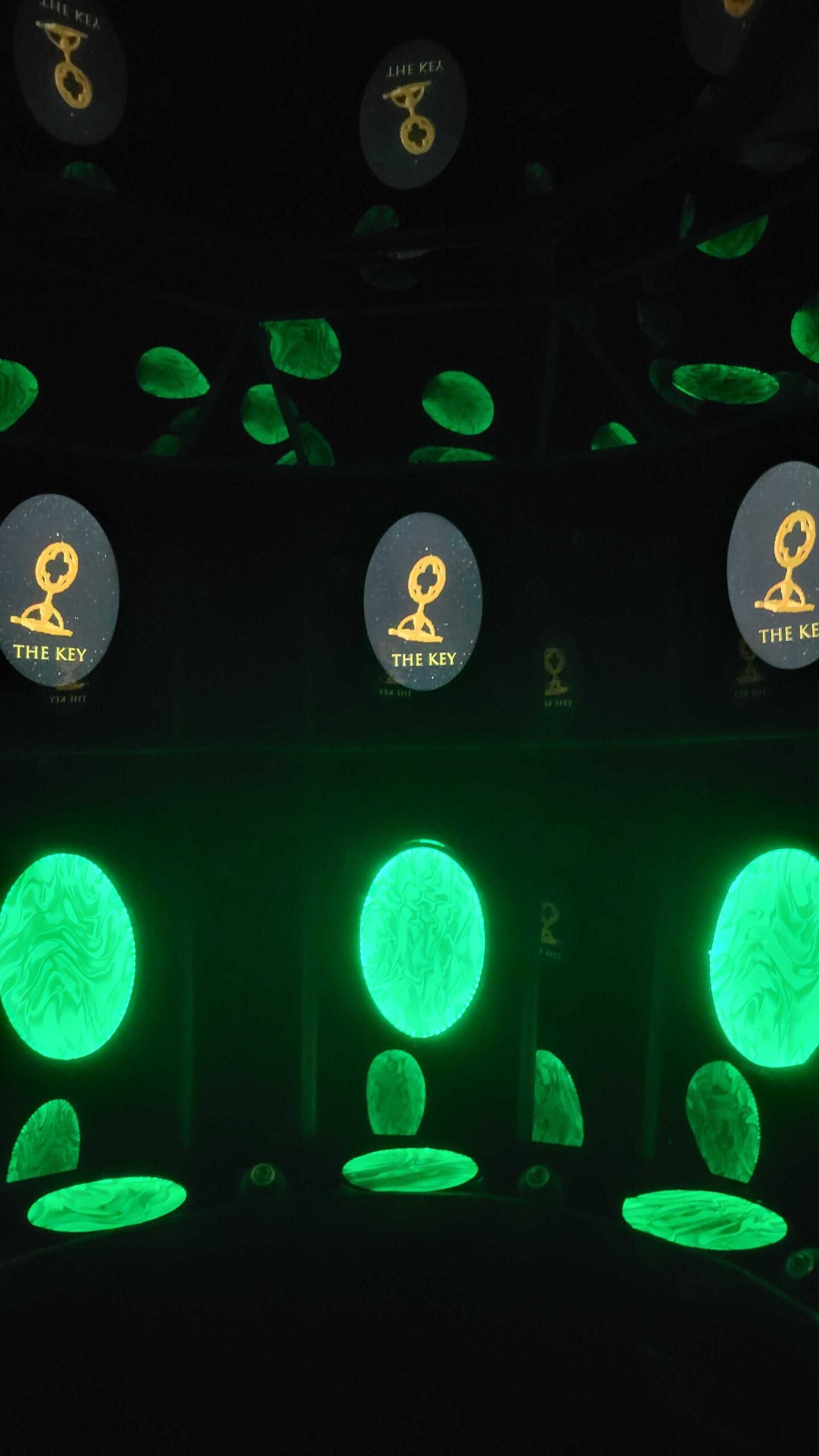 Ship seats with overhead screens active, green